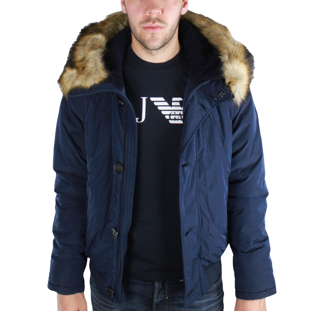 Armani Jeans Navy Blue Fur Trimmed Hood Jacket
