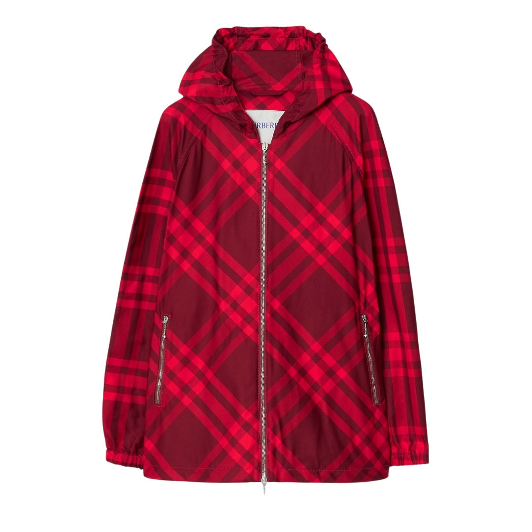 BURBERRY 8079012 Check Nylon Hooded Jacket RIPPLE IP CHECK (Red) JACKET Womens XS