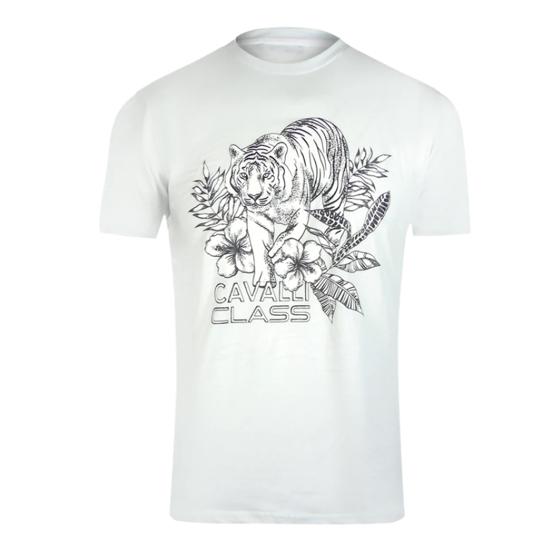 Cavalli Class Tiger Floral Logo White T-Shirt TXT60R JD060 00533
