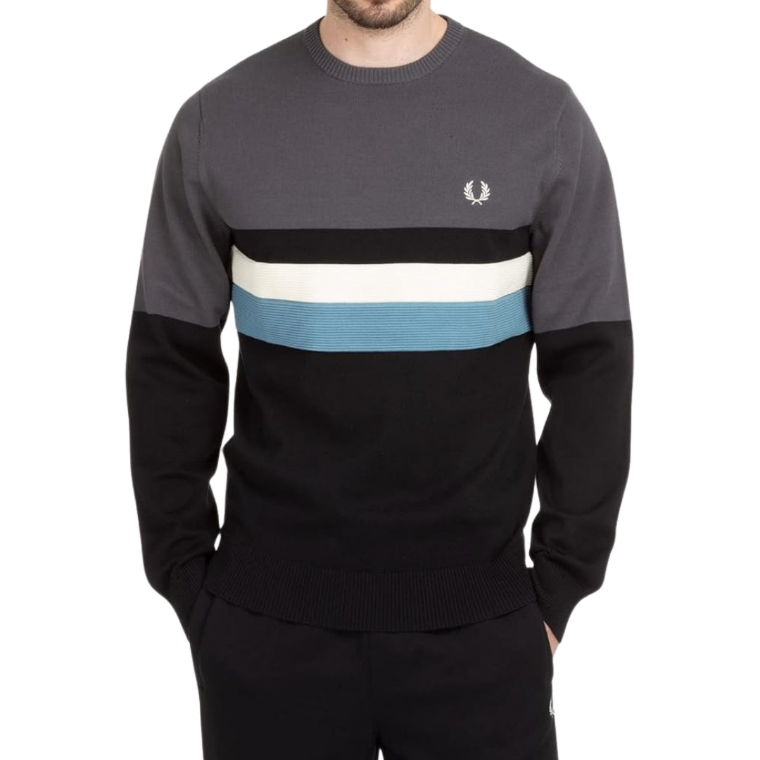 FRED PERRY FRED PERRY K3529 G85 GUNMETAL FRED PERRY K3529 COLOURBLOCK CREW NECK JUMPER MENS S