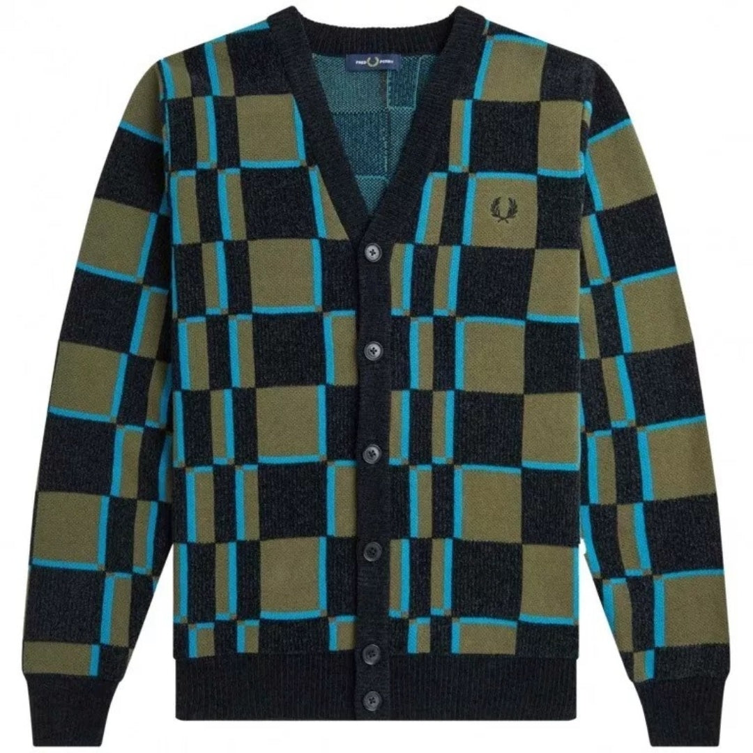 FRED PERRY K6512 Q41 UNIFORM GREEN/BLACK GLITCH CHEQUERBOARD CARDIGAN M