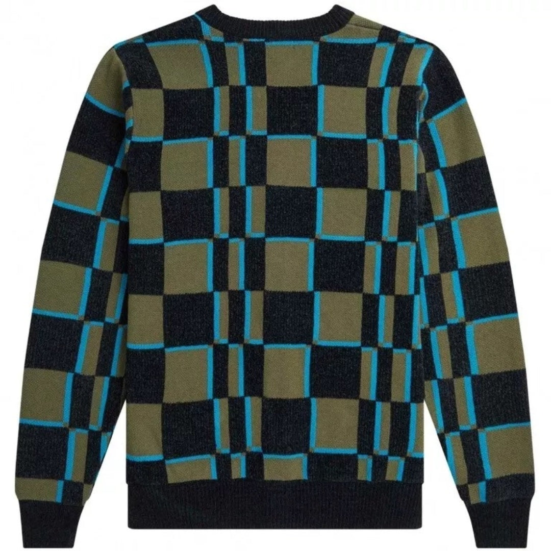 FRED PERRY K6512 Q41 UNIFORM GREEN/BLACK GLITCH CHEQUERBOARD CARDIGAN M
