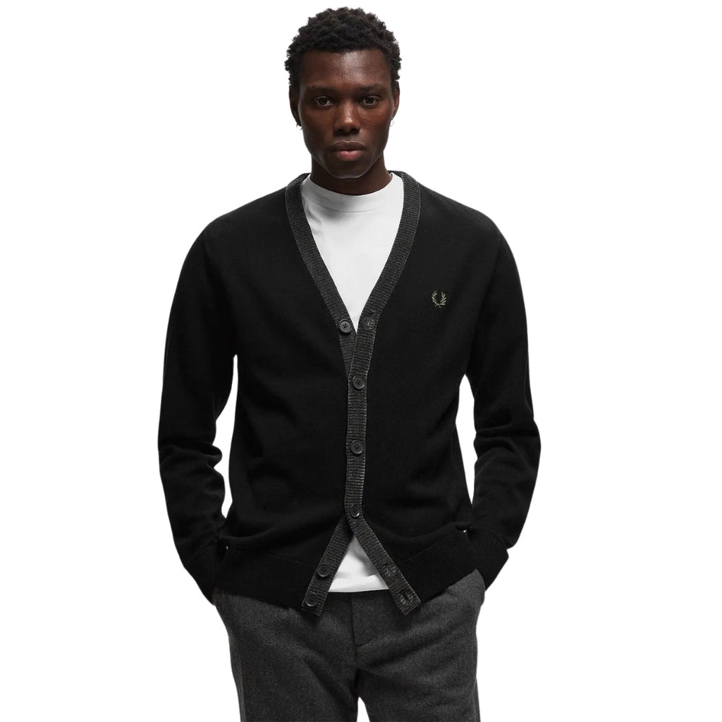 FRED PERRY K6521 102 BLACK CHENILLE PLACKET CARDIGAN S