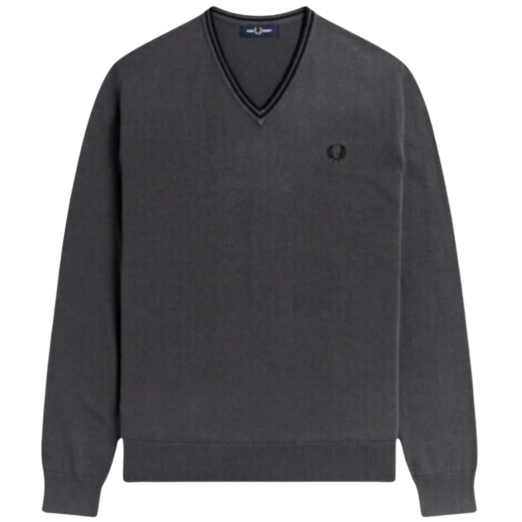 Fred Perry Black Twin Tipped V-Neck Gunmetal Grey Jumper S