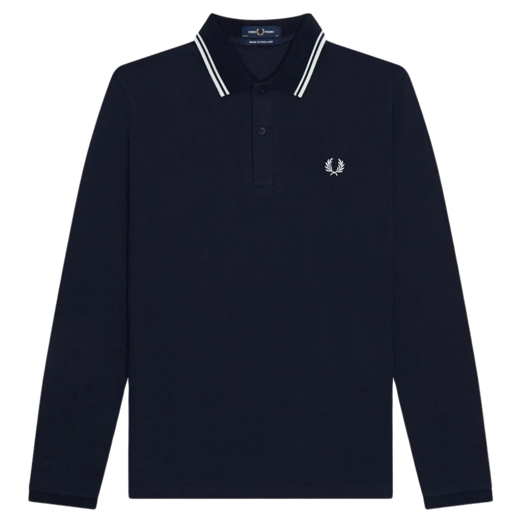 Fred Perry White Twin Tipped Collar Navy Blue Long Sleeve Polo Shirt S