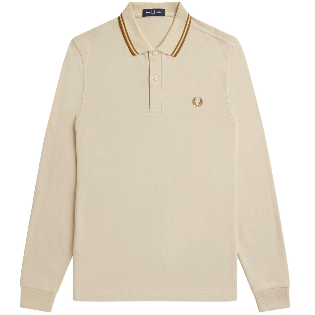 FRED PERRY M3636 691 OATMEAL LS TWIN TIPPED POLO SHIRT S