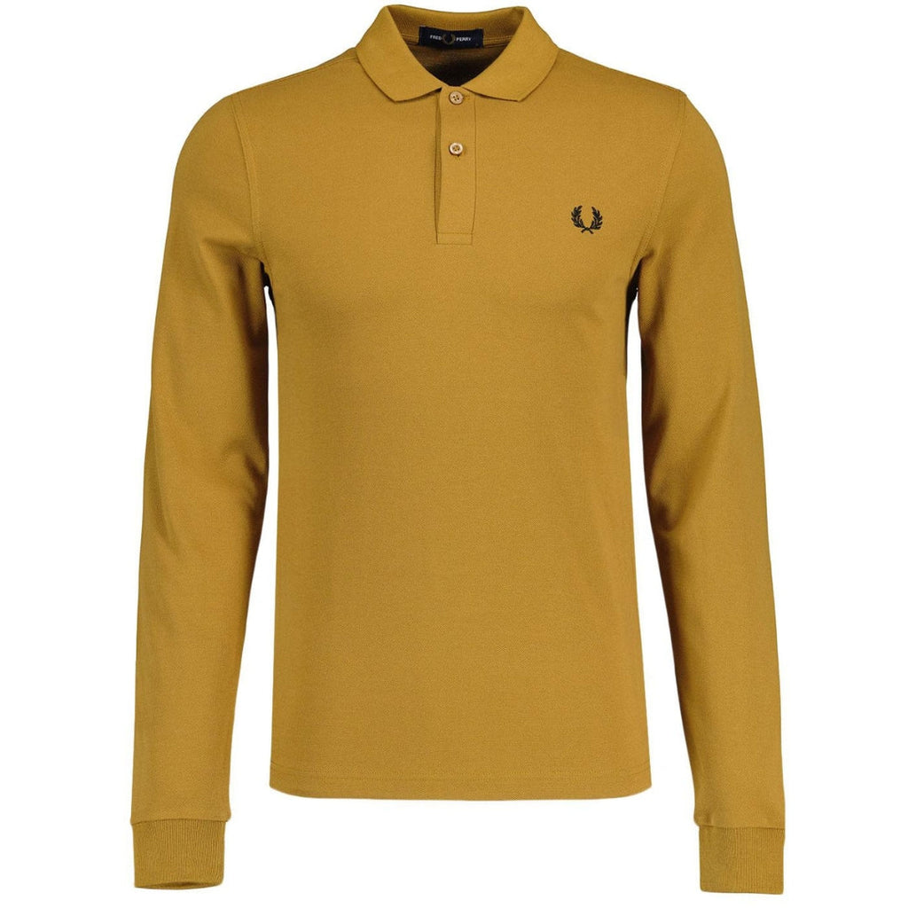 FRED PERRY M6006 T59 DARK CARAMEL/BLACK LS PLAIN POLO SHIRT XS