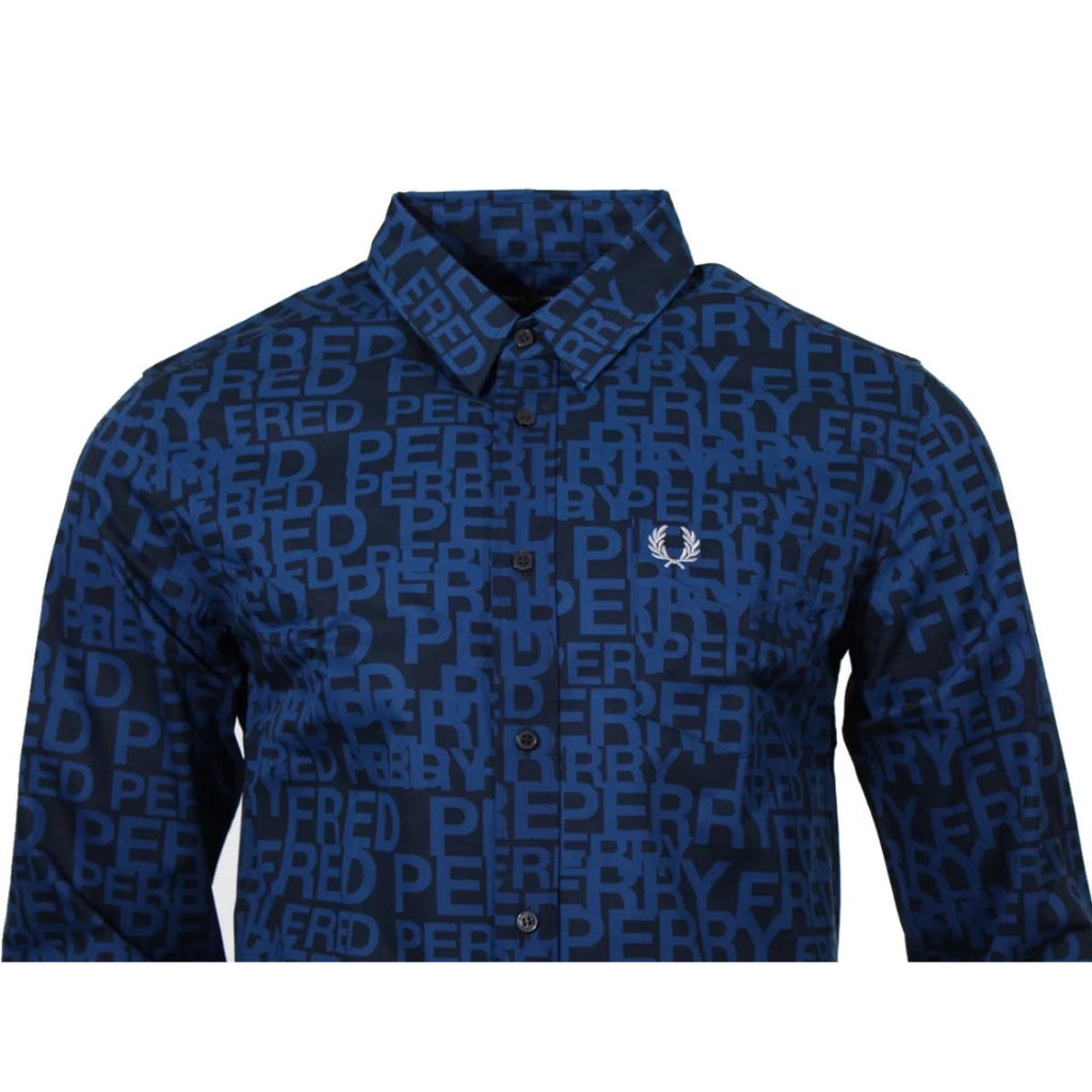 FRED PERRY M6575 R31 SHADED COBALT GRAPHIC TEXT SHIRT XS