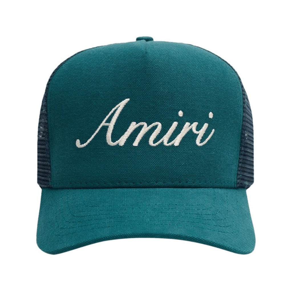 Amiri Script Logo Teal Blue Trucker Hat One Size