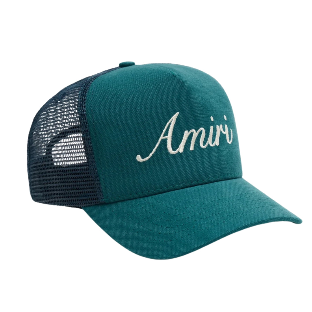 Amiri Script Logo Teal Blue Trucker Hat One Size