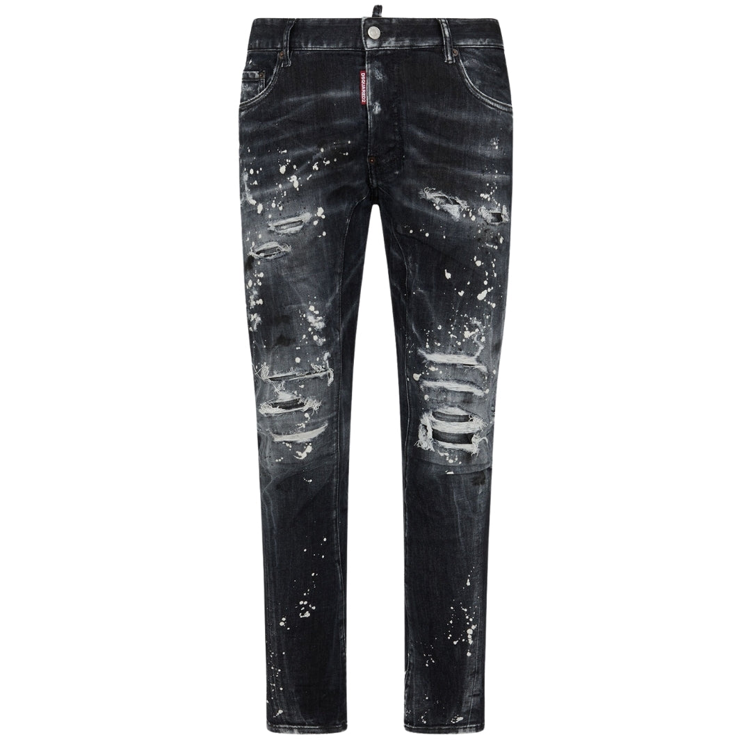 Dsquared2 Tidy Biker Jean Paint Splash Reinforced Ripped Black Jeans S74Lb1431 S30503 900 - Style Centre Wholesale