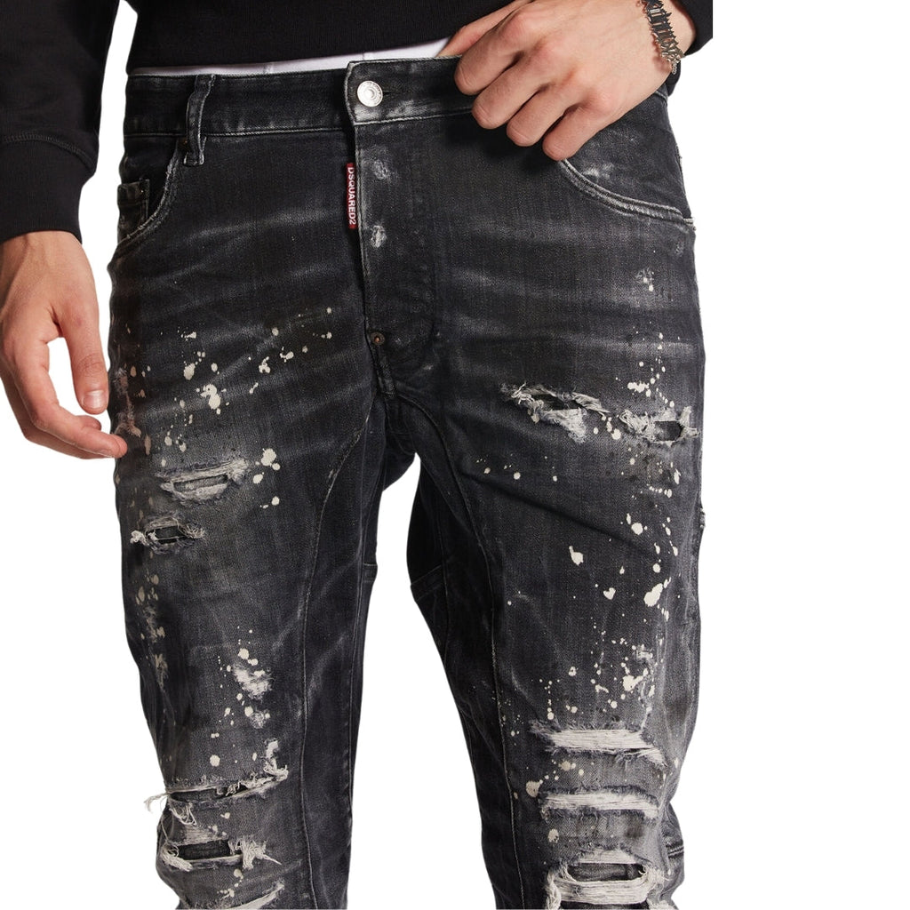 Dsquared2 Tidy Biker Jean Paint Splash Reinforced Ripped Black Jeans S74Lb1431 S30503 900 - Style Centre Wholesale
