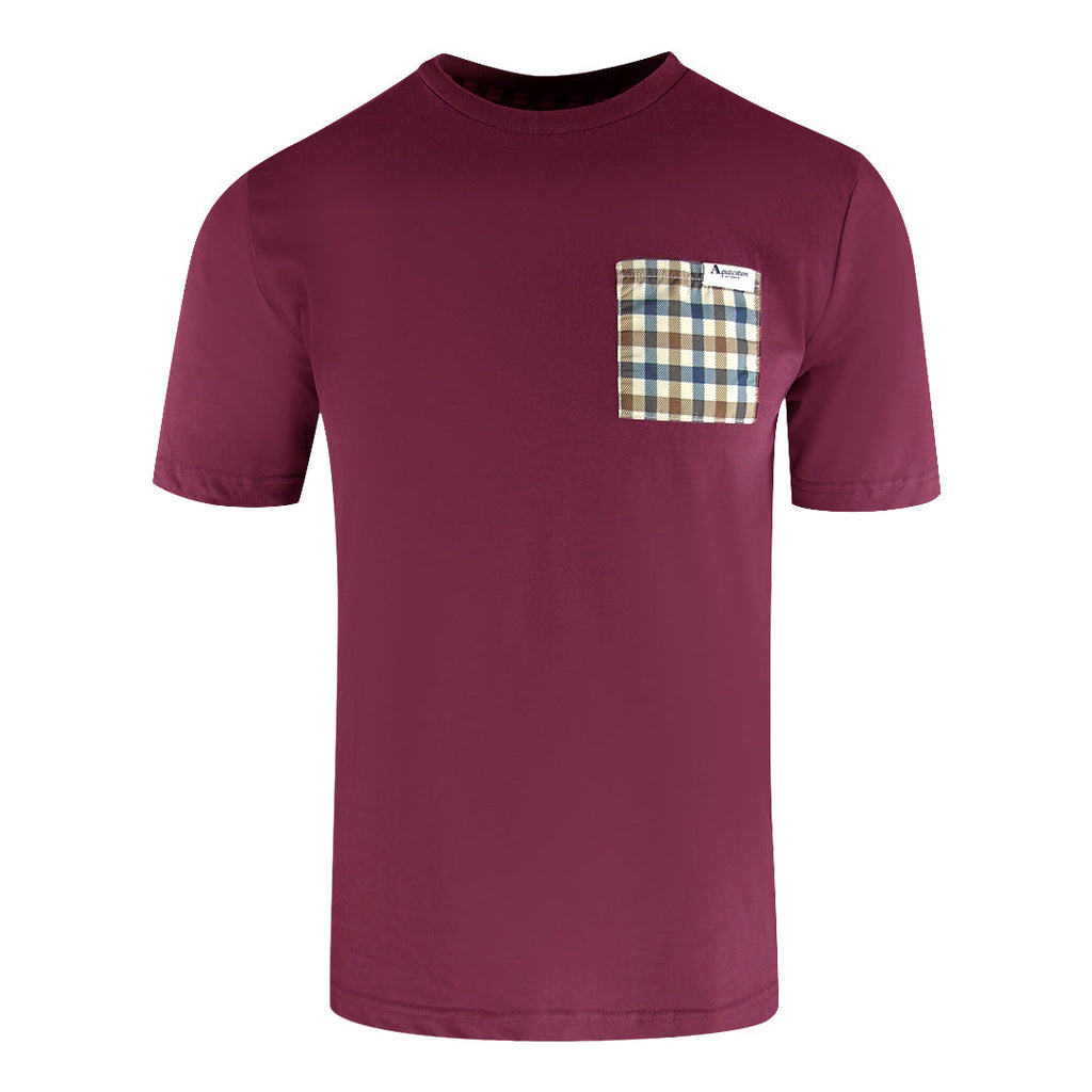 Aquascutum Active Check Pocket T Shirt Cordovan Ts004 26 Burgundy T Shirt Male - Style Centre Wholesale