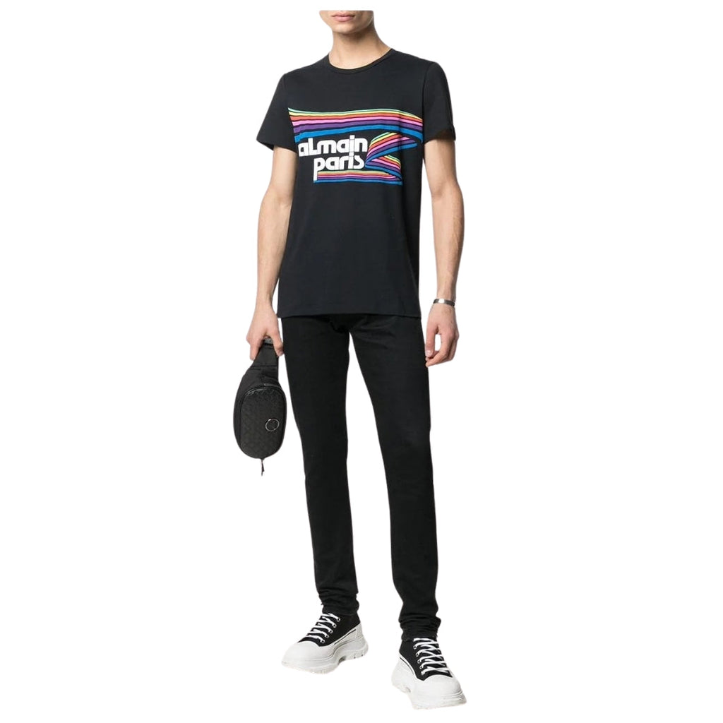 BALMAIN VH1EF000G016 Balmain Paris Rainbow Multi Logo Black T-Shirt AAA BLACK T-SHIRT MALE S