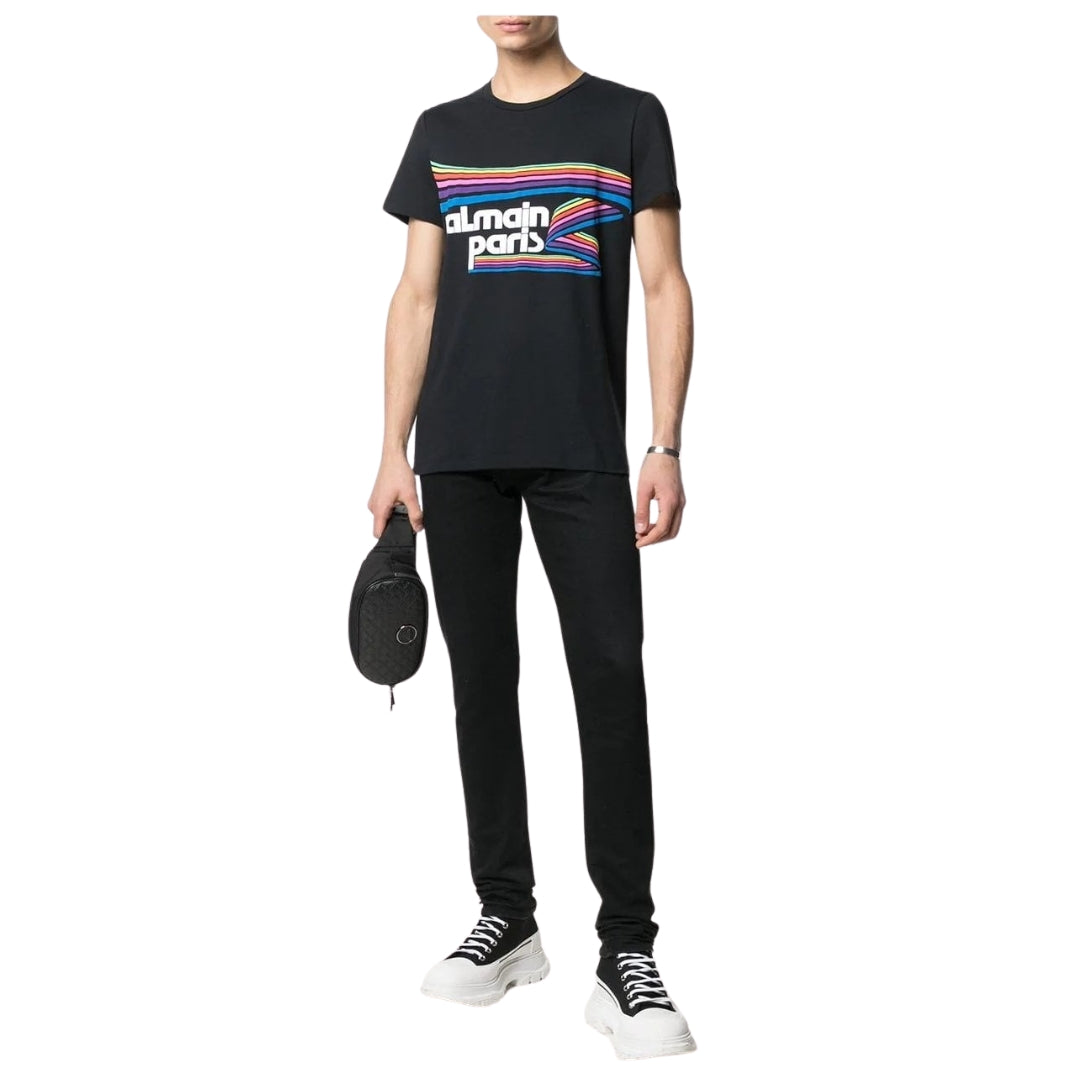 BALMAIN VH1EF000G016 Balmain Paris Rainbow Multi Logo Black T-Shirt AAA BLACK T-SHIRT MALE S