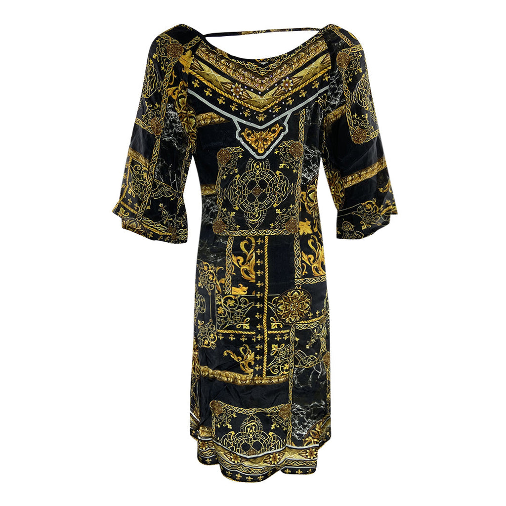 Inoa Verona 1915 Gold Print Black Flirt Dress UK 10