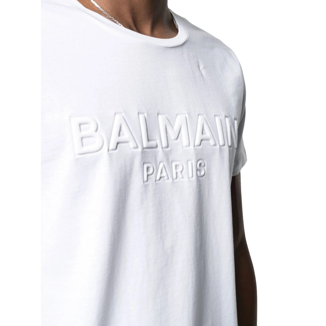 BALMAIN YH1EF000BB20 Balmain Paris Embossed Logo White T-Shirt 0FA WHITE T-SHIRT MALE S