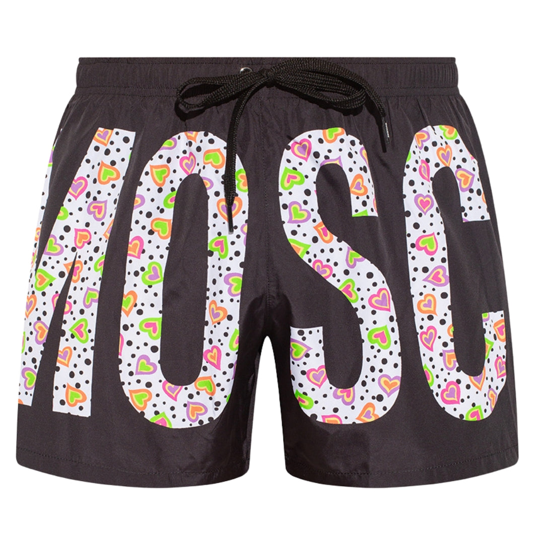 Moschino Large Heart Polka Dot Printed Logo Black Swim Shorts A160903 1555