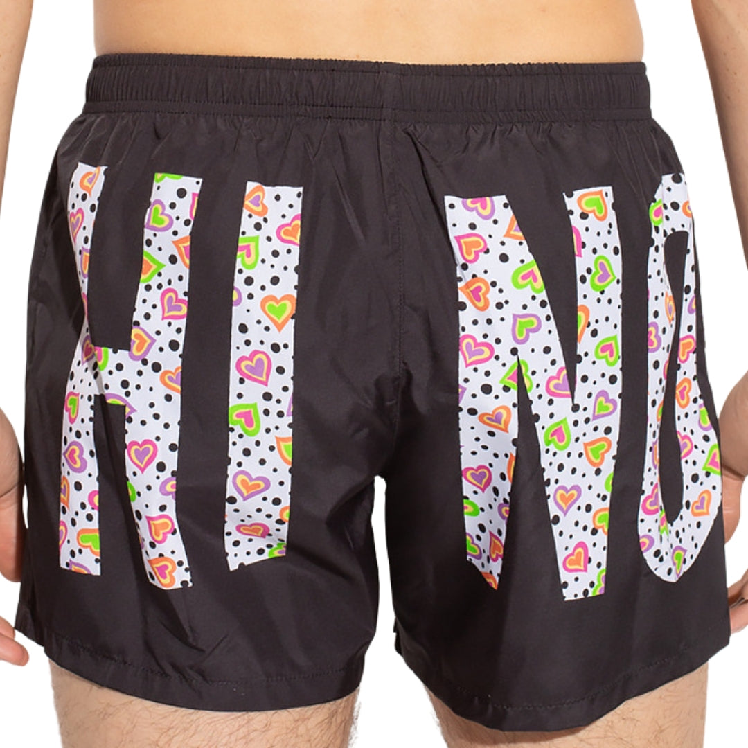 Moschino Large Heart Polka Dot Printed Logo Black Swim Shorts A160903 1555