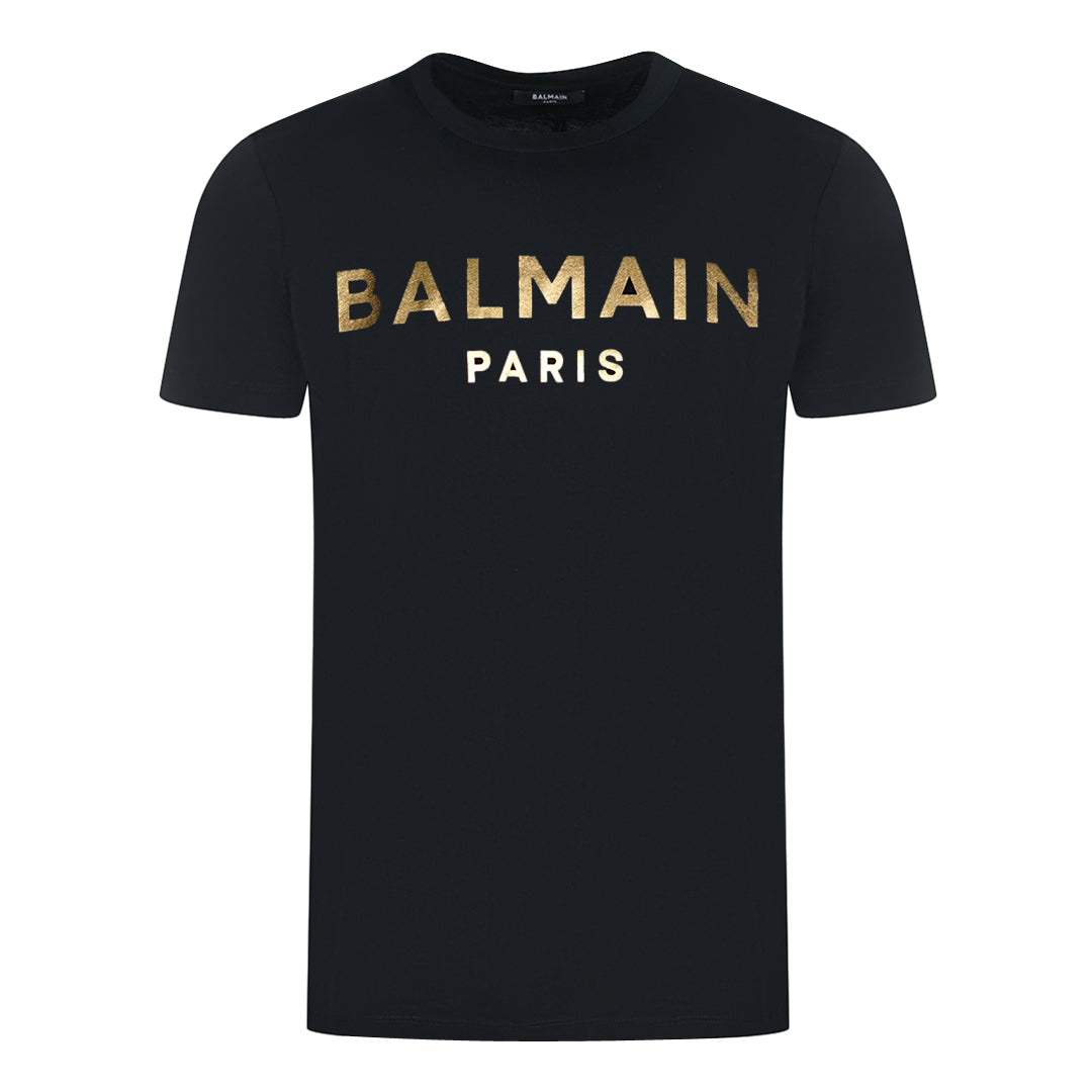 Balmain Paris Logo In Gold Black T-Shirt AH1EF000BB29 EAD