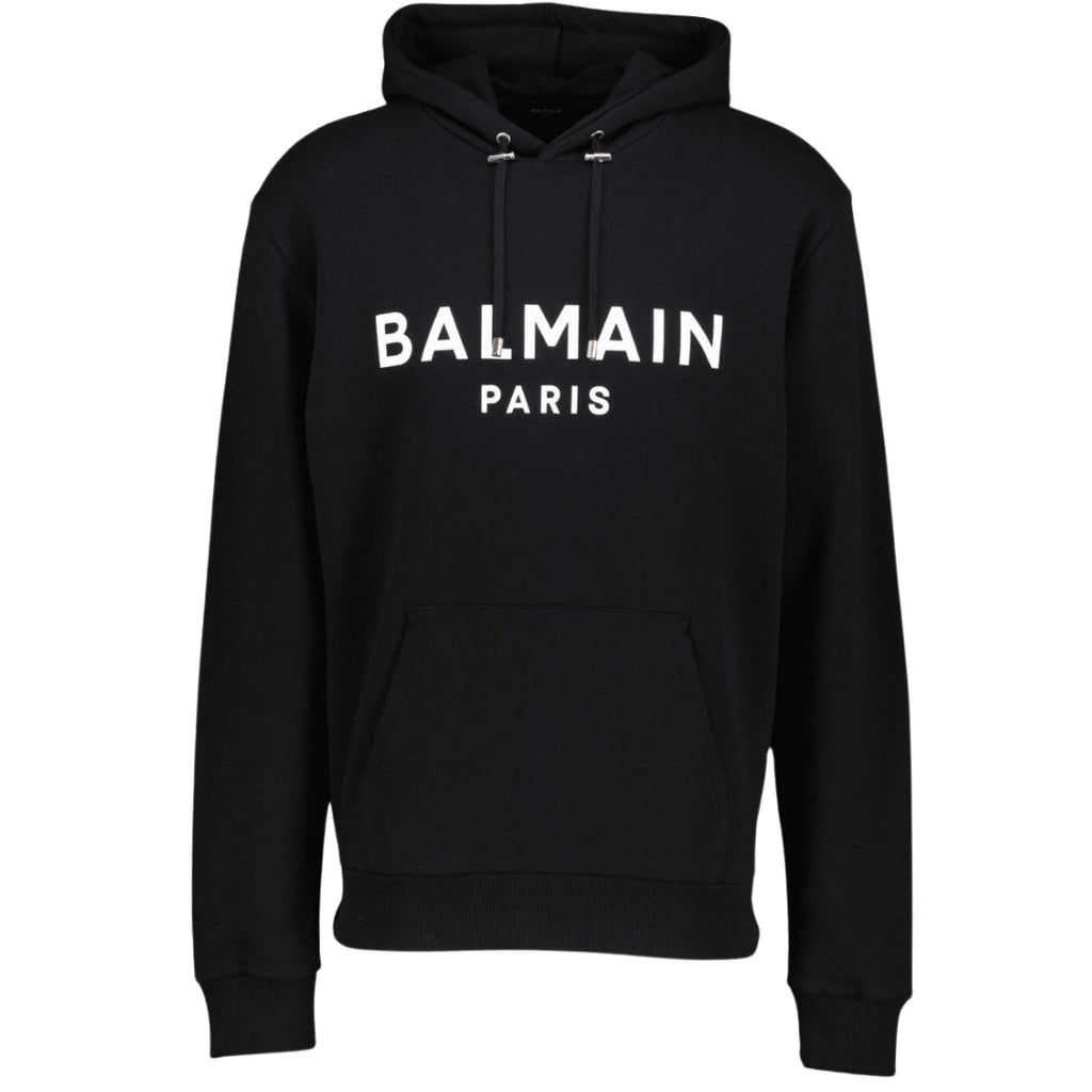 Balmain Paris White Classic Logo Black Hoodie BH1JR002 BB65 White Logo