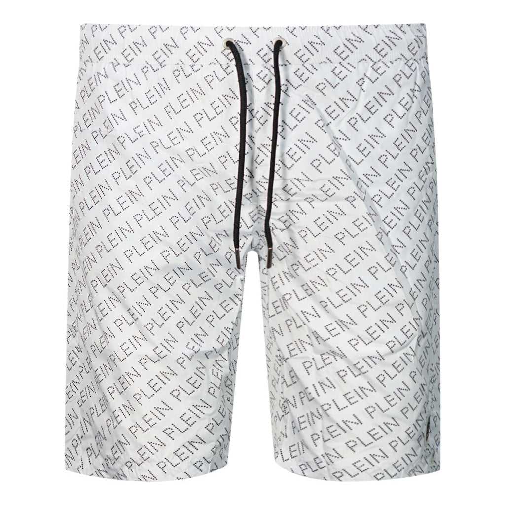 Philipp Plein Repetitive Logo Long White Swim Shorts