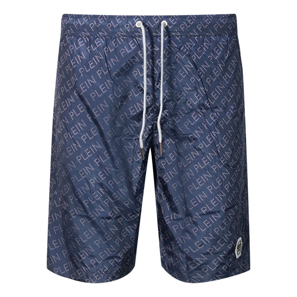 Philipp Plein Repetitive Logo Long Navy Swim Shorts