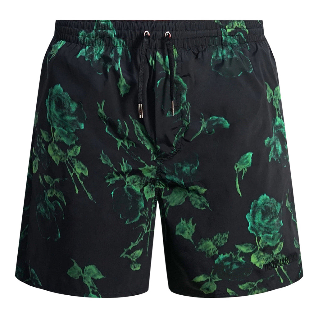 Dsquared2 Green Floral All Over Design Black Swim Shorts D7BM14780 00448