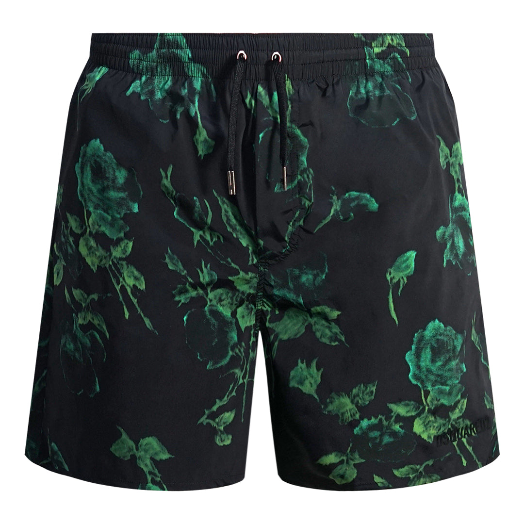 Dsquared2 Green Floral All Over Design Black Swim Shorts D7BM14780 00448