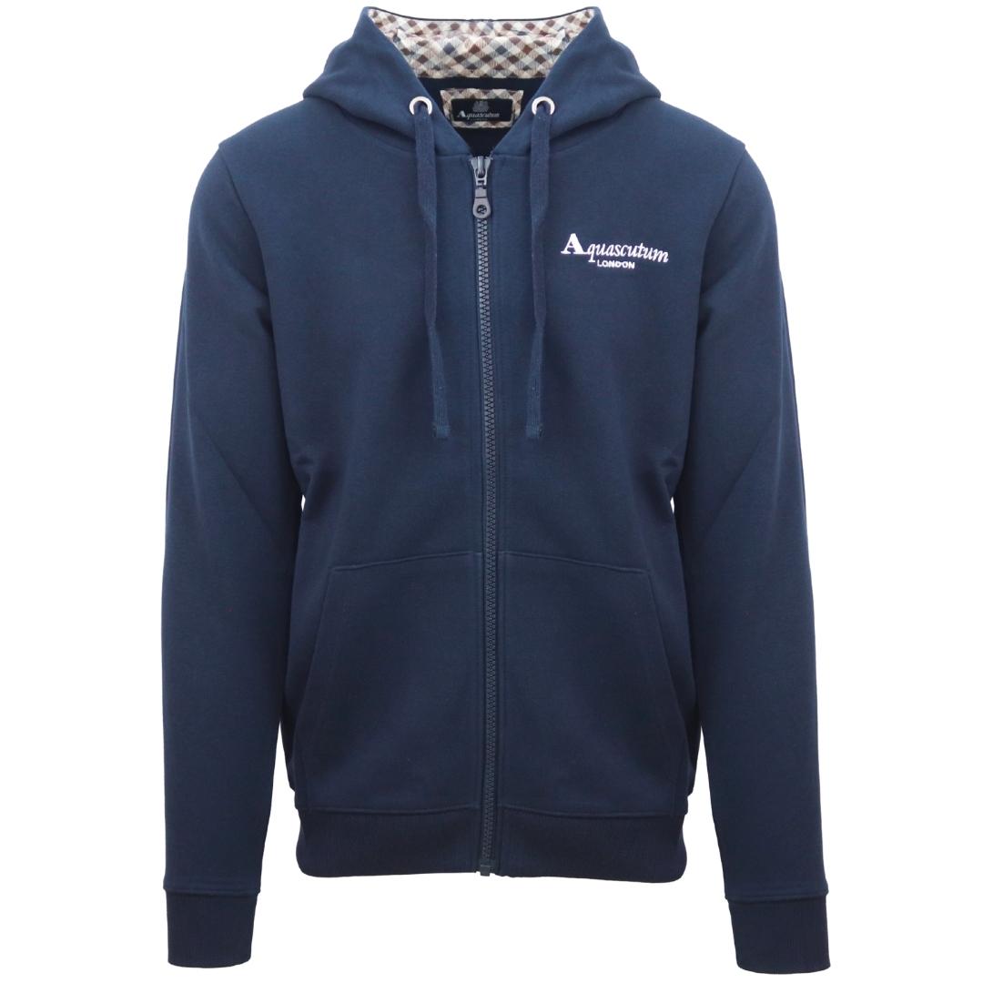 Aquascutum Classic Embossed Signature Logo Navy Blue Zip Up Hoodie