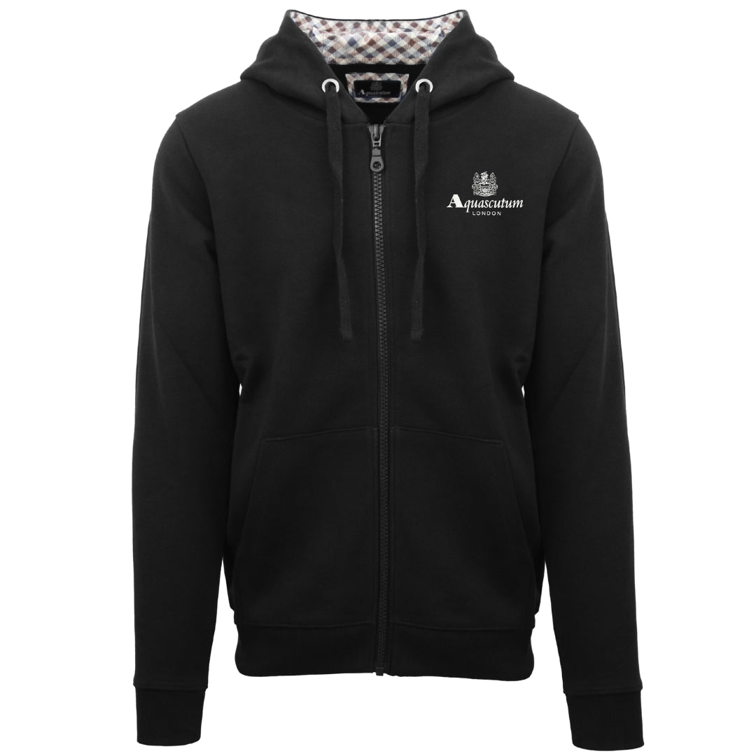 Aquascutum London Embossed Signature Logo Black Zip Up Hoodie