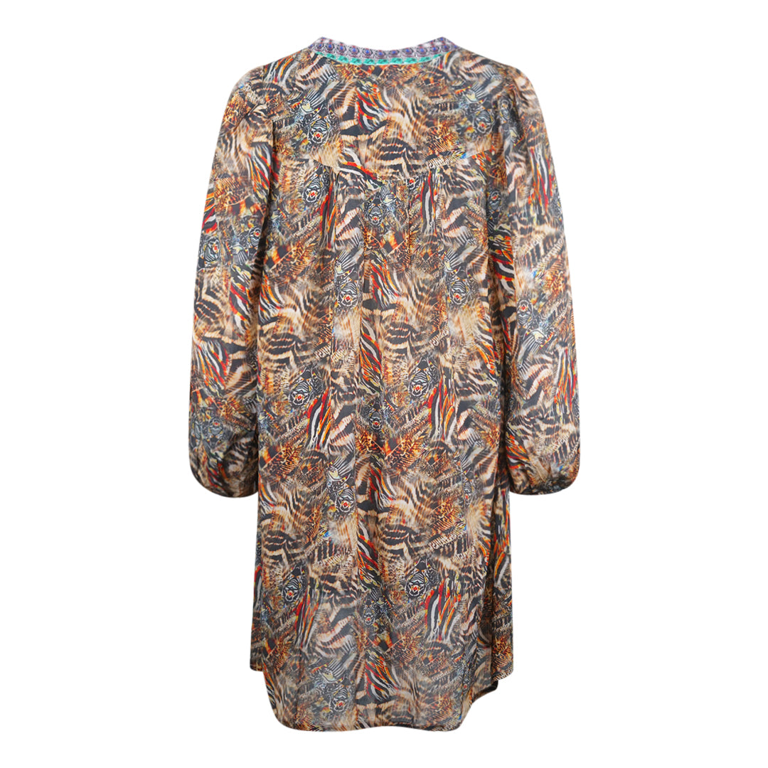 Inoa Golden Eagle Brown Long Sleeve Silk V Neck Dress
