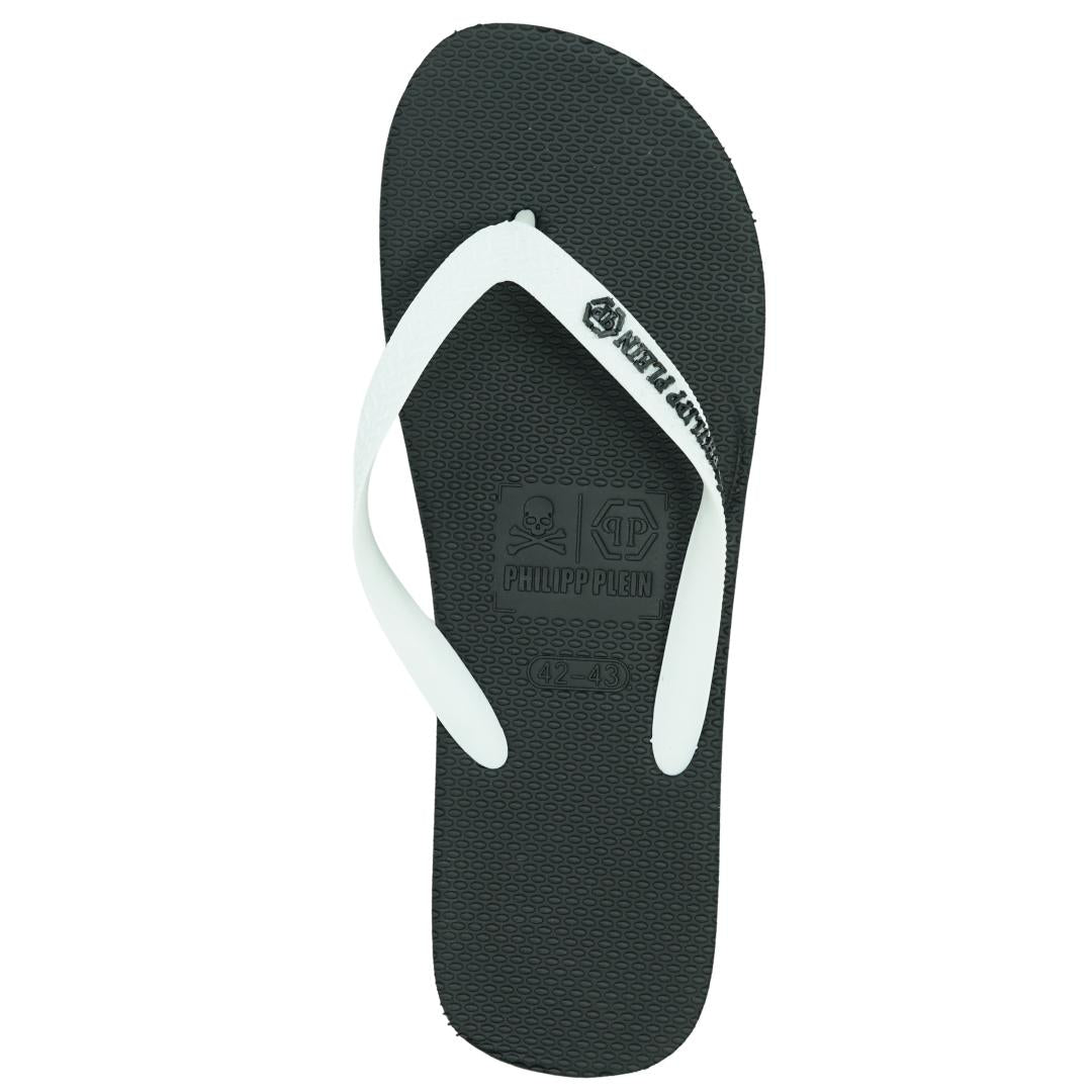 Philipp Plein Brand Logo Black White Flip Flops IMPS904 99W
