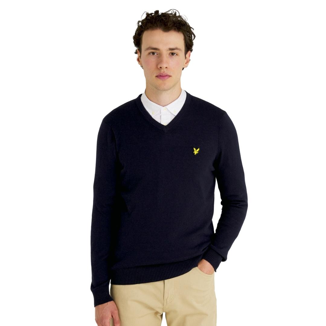 Lyle Scott Cotton Merino Dark Navy V Neck Jumper