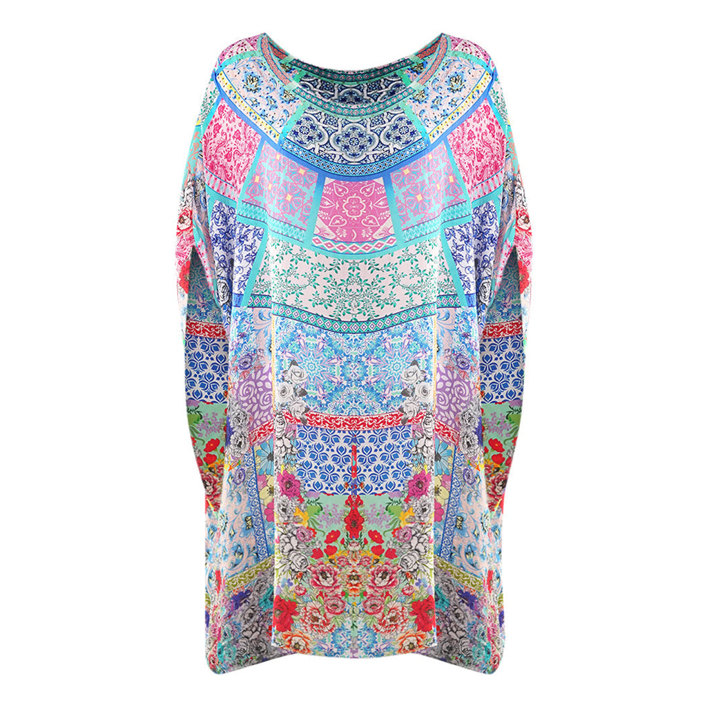 Inoa Martinique 12004 Blue Floral Short Kaftan Cover Up Martinique 12004 Short Kaftan