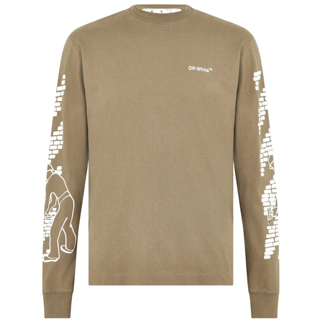 Off White Bricks Logo Long Sleeve Skate Fit Army Green T Shirt