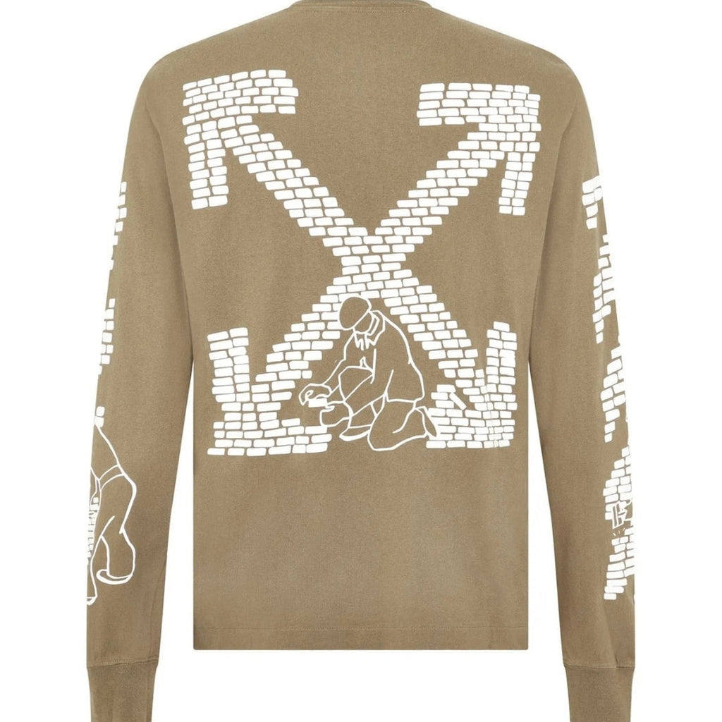 Off White Bricks Logo Long Sleeve Skate Fit Army Green T Shirt
