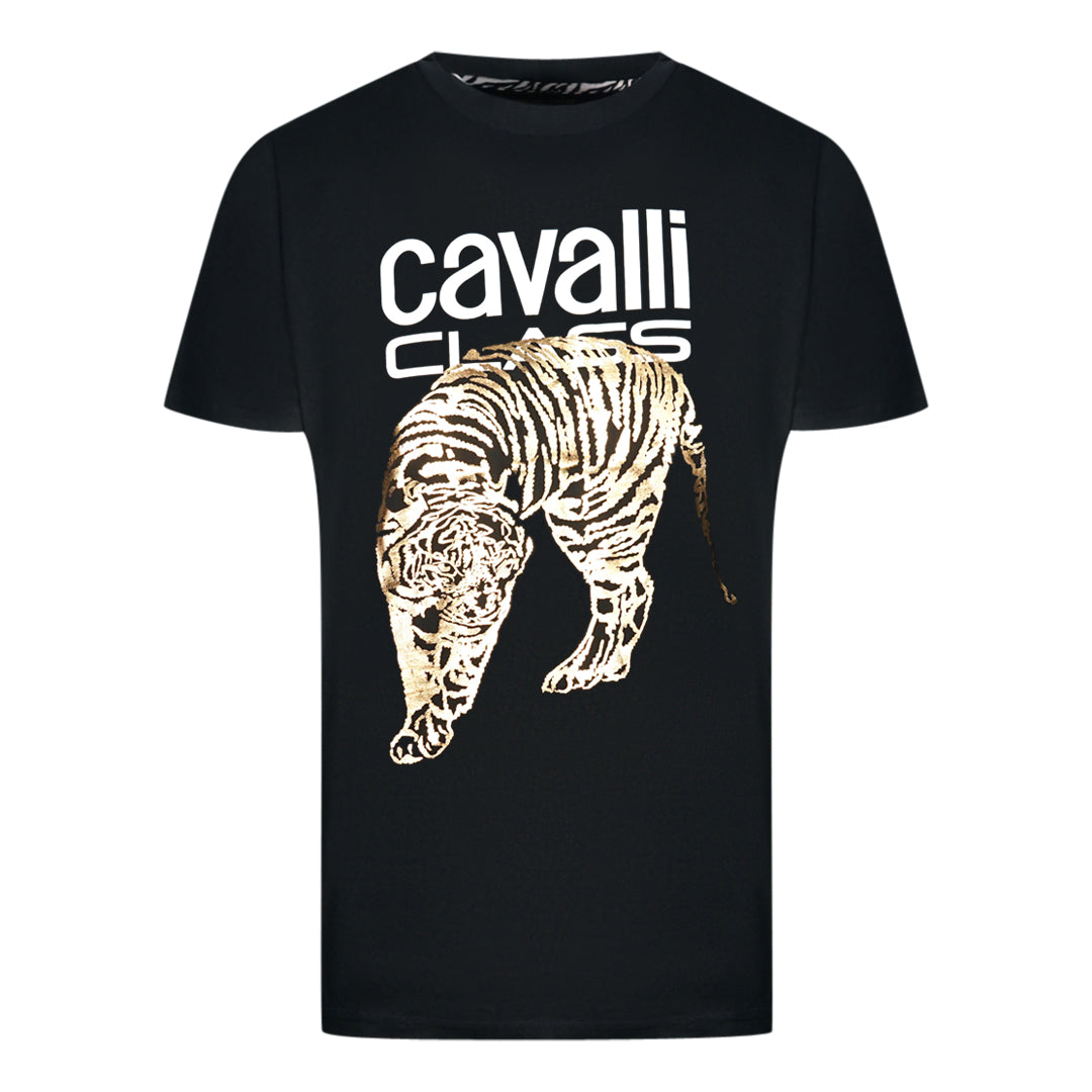 Cavalli Class Large Gold Tiger Stencil Logo Black TShirt QXT61I JD060 05051