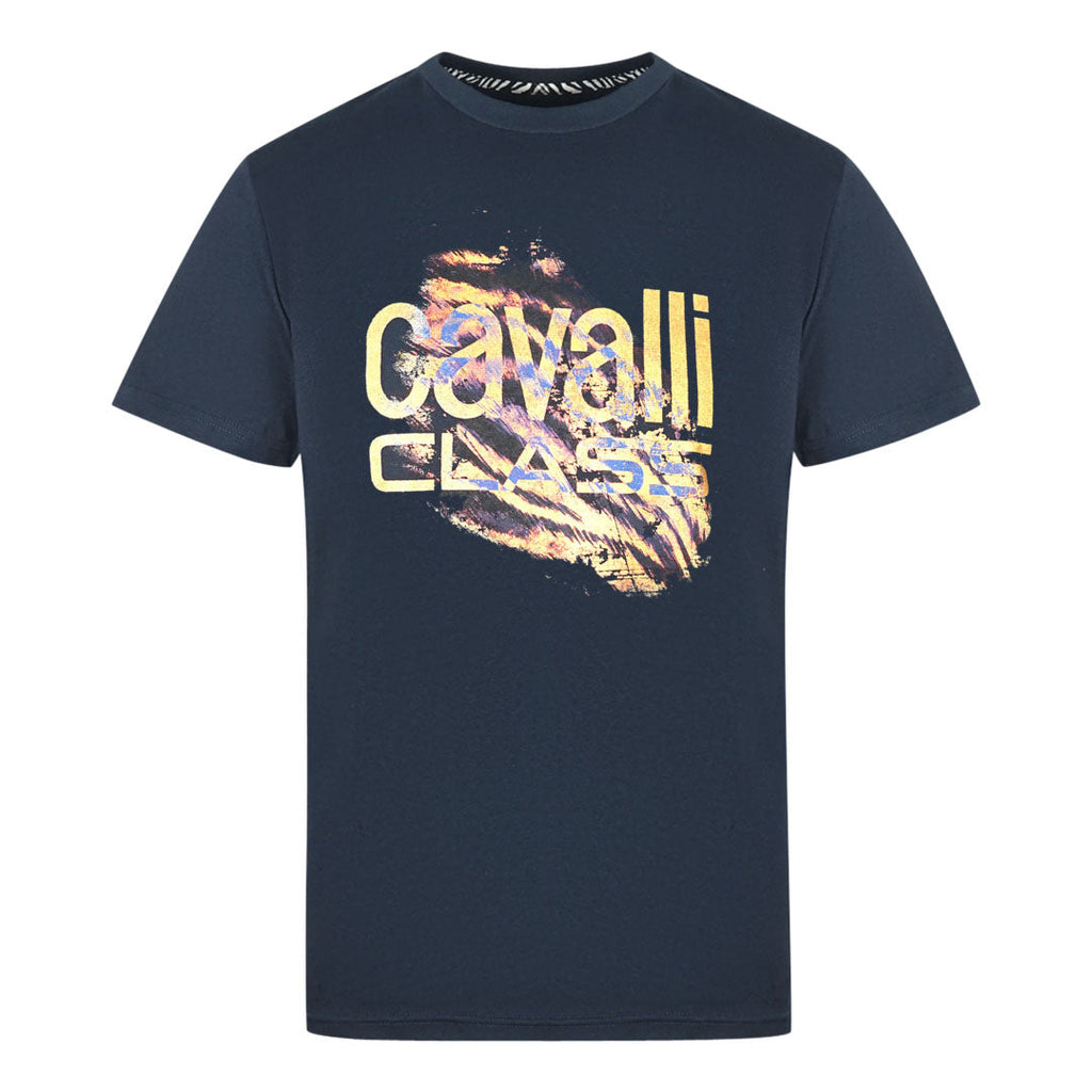 Cavalli Class Slashed Tiger Print Bold Logo Navy T Shirt