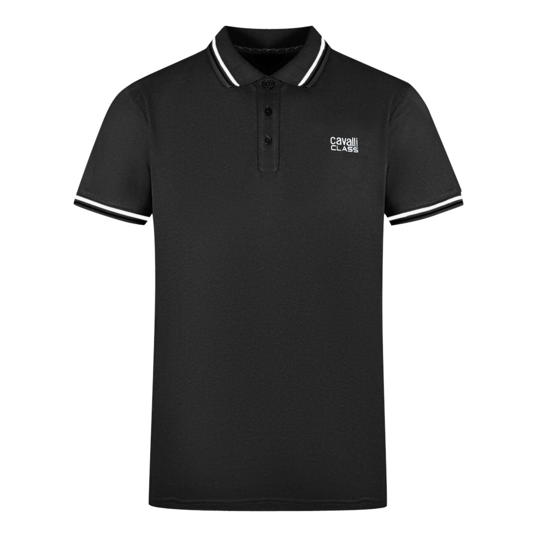 Cavalli Class Twinned Tipped Collar White Logo Black Polo Shirt