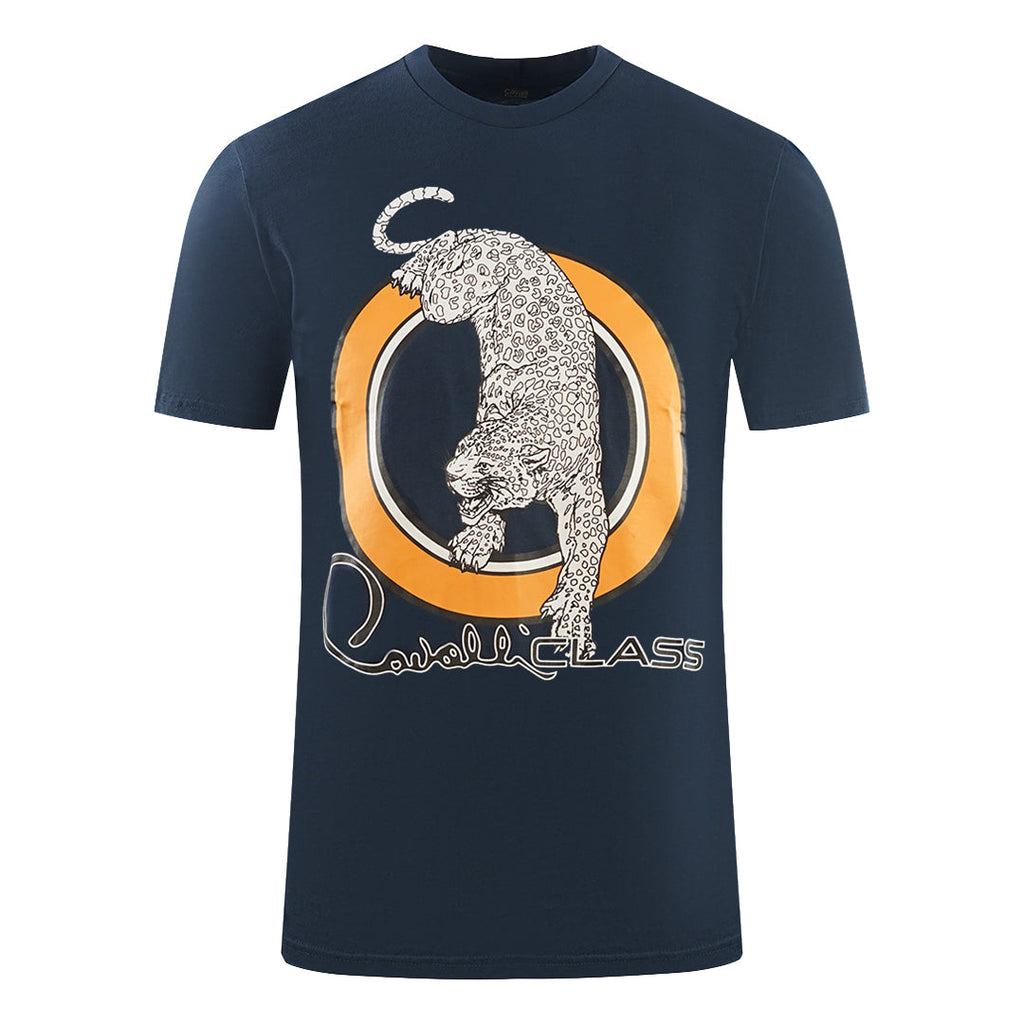 Cavalli Class Circular Leopard Logo Navy Blue T Shirt