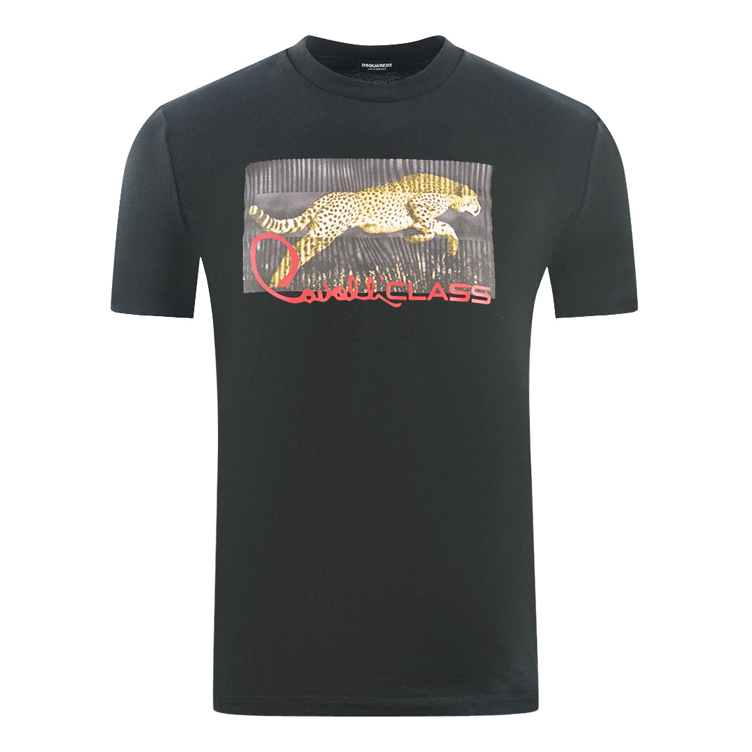 Cavalli Class Boxed Leopard Logo Black T Shirt