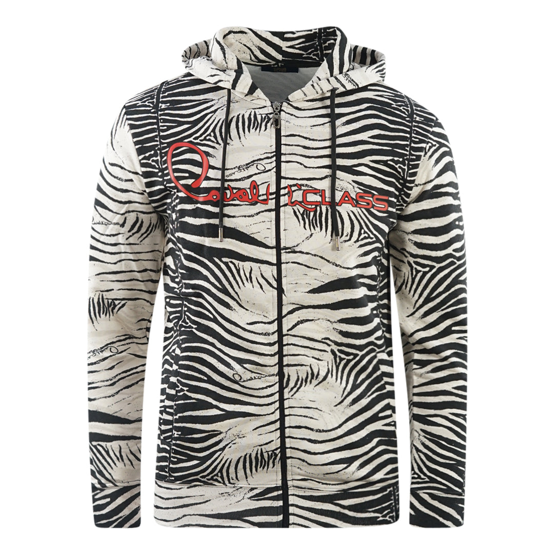 Cavalli Class Zebra Print Zip Up Black Hoodie