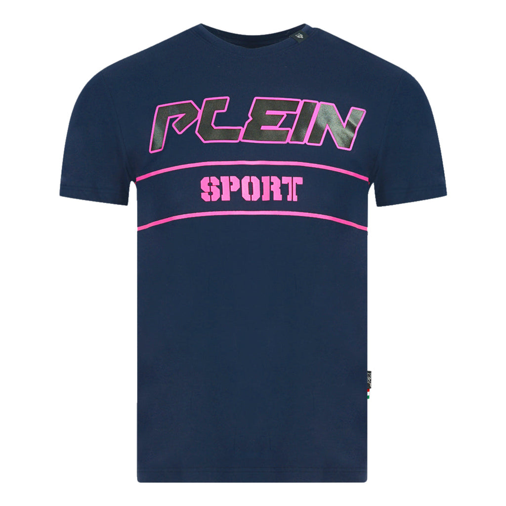 Plein Sport Block Pink Logo Navy Blue T Shirt