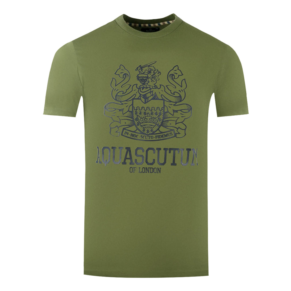 Aquascutum Large Bold London Aldis Brand Logo Army Green T Shirt