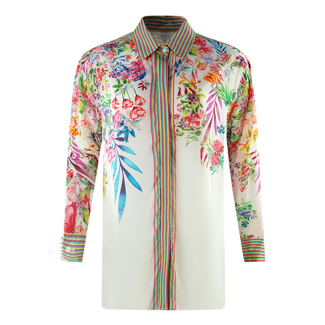 Inoa White Floral 1947 Multicoloured Long Sleeve Blouse Silk Shirt White Floral 1947 collar Shirt
