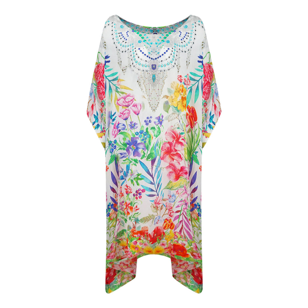 Inoa White Floral 1947 Multi Coloured Floral Short Box Kaftan Cover Up