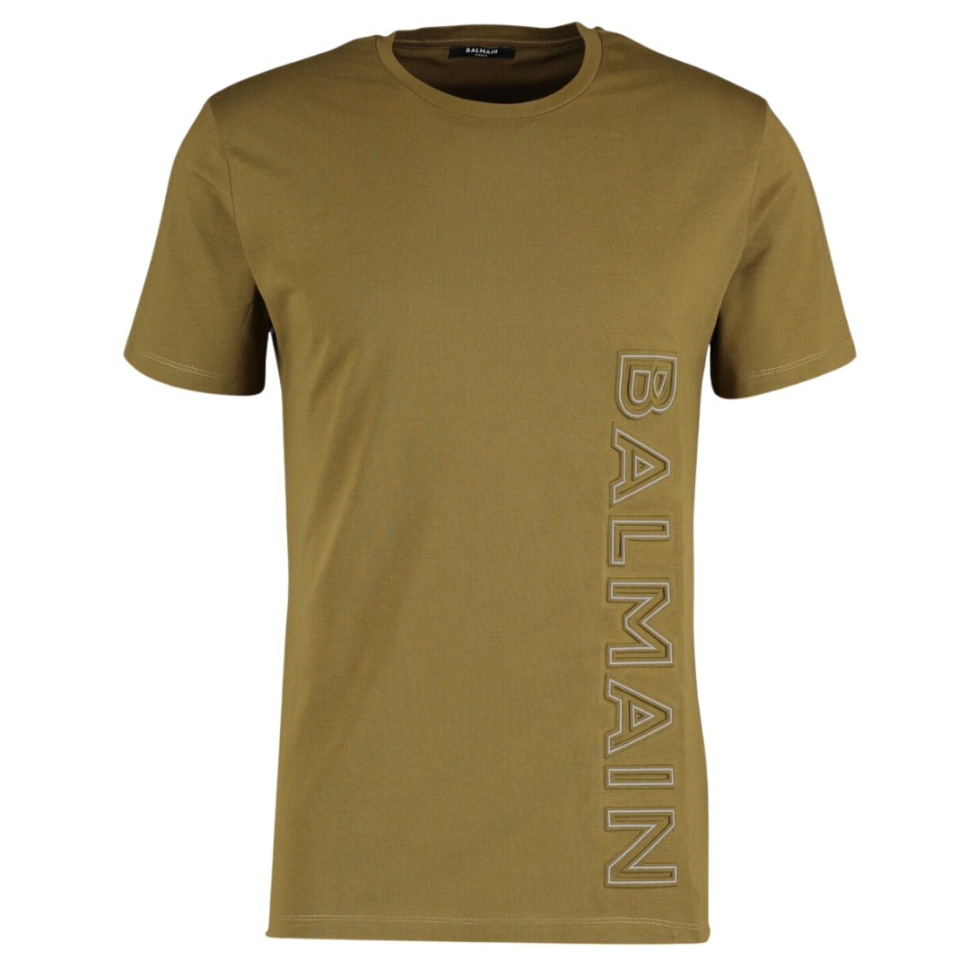 Balmain Brand Embossed Logo Khaki Green T-shirt YH1F0228794 EAB